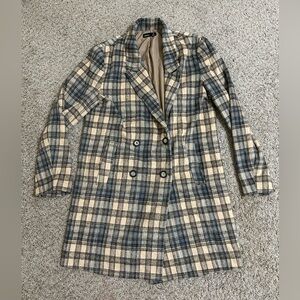 Akair Flannel Plaid Winter Coat Beige Navy Women's Size Medium Cotton Button Up